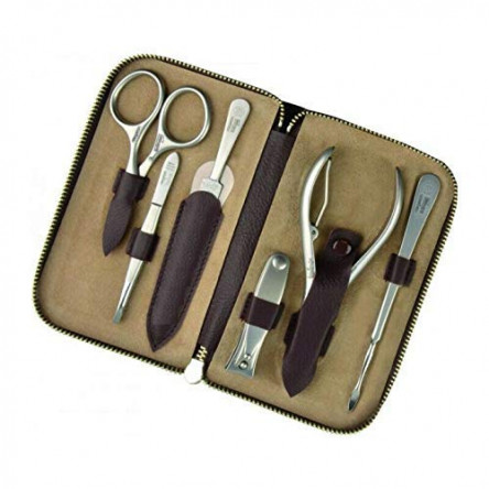 Niegeloh Solingen 6 pcs XL TopInox Surgical Stainless Steel German Manicure Set Grooming kit In Full Grain Leather Case Made in Solingen Germany