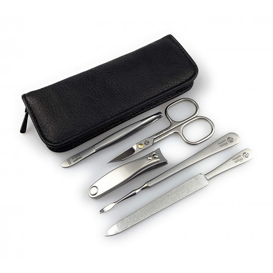 Niegeloh Solingen - L 5 Pieces TopInox Premium Surgical Stainless Steel German Men/Women Manicure Set Grooming Kit In Premium Black Leather Case Made in Solingen Germany I In Gift Box