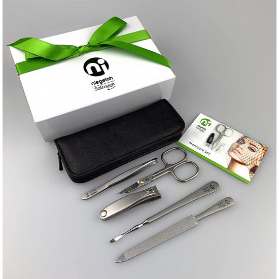 Niegeloh Solingen - L 5 Pieces TopInox Premium Surgical Stainless Steel German Men/Women Manicure Set Grooming Kit In Premium Black Leather Case Made in Solingen Germany I In Gift Box Niegeloh Solingen - L 5 Pieces TopInox Premium Surgical Stainless Steel German Men/Women Manicure Set Grooming Kit In Premium Black Leather Case Made in Solingen Germany I In Gift Box