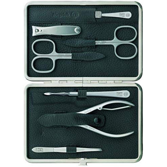 Niegeloh Solingen 7 pcs XL TopInox Surgical Stainless Steel German Mens Manicure Set Grooming kit In Black Leather Case Made in Solingen Germany