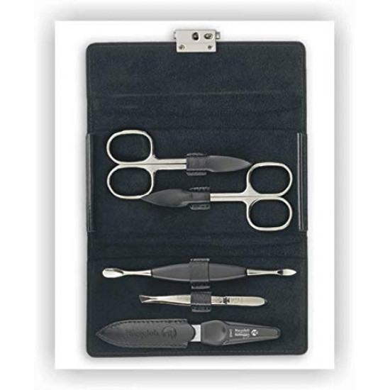 Niegeloh Solingen 5 Pieces Luxurious Women's Manicure Set Handcrafted in Germany Nail Grooming Kit in Flat Lustrous Surface Leather Case Made in Solingen Germany (Medium Black)
