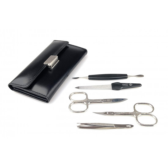 Niegeloh Solingen 5 Pieces Luxurious Women's Manicure Set Handcrafted in Germany Nail Grooming Kit in Flat Lustrous Surface Leather Case Made in Solingen Germany (Medium Black)