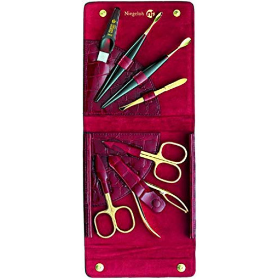Niegeloh Solingen 7 Pieces - Large Luxurious Women's Manicure Set Handcrafted in Germany Nail Grooming Kit in Red Kroko's Lustrous Surface Leather Case Made in Solingen Germany