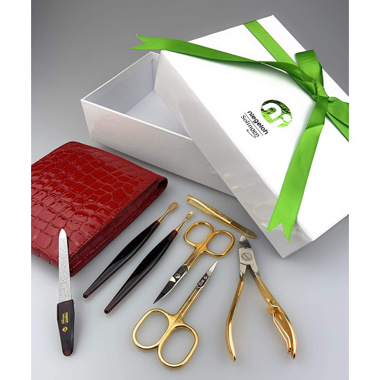 Niegeloh Solingen 7 Pieces - Large Luxurious Women's Manicure Set Handcrafted in Germany Nail Grooming Kit in Red Kroko's Lustrous Surface Leather Case Made in Solingen Germany