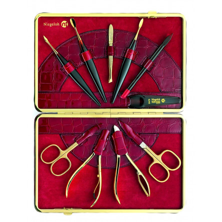 Niegeloh Solingen 10 Pieces - Extra Large Luxurious Women's Manicure Set Handcrafted in Germany Nail Grooming Kit in Red Kroko's Lustrous Surface Leather Case Made in Solingen Germany