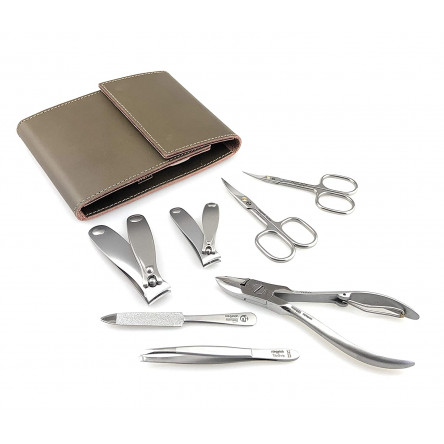 Niegeloh Solingen 7 pcs XL Premium Class TopInox Stainless Steel German Mens Manicure Set Grooming Kit In Durable Leather Case | Handcrafted in Solingen Germany and Made to Last a Lifetime (Brown)