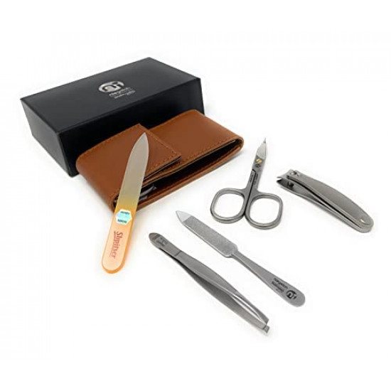 Solingen 4 Pieces TopInox Surgical Stainless Steel German Men Manicure Set Grooming Kit In Durable Brown Cowhide Leather Case Plus BONUS: SHPITSER Crystal Glass Nail File