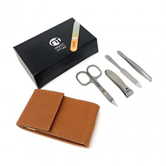 Solingen 4 Pieces TopInox Surgical Stainless Steel German Men Manicure Set Grooming Kit In Durable Brown Cowhide Leather Case Plus BONUS: SHPITSER Crystal Glass Nail File