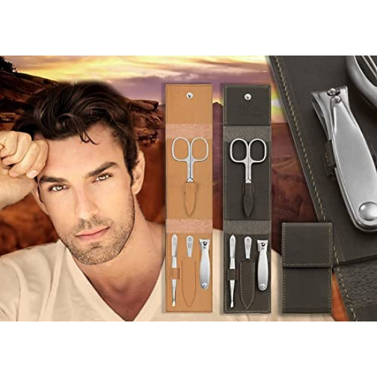 Solingen 4 Pieces TopInox Surgical Stainless Steel German Men Manicure Set Grooming Kit In Durable Brown Cowhide Leather Case Plus BONUS: SHPITSER Crystal Glass Nail File