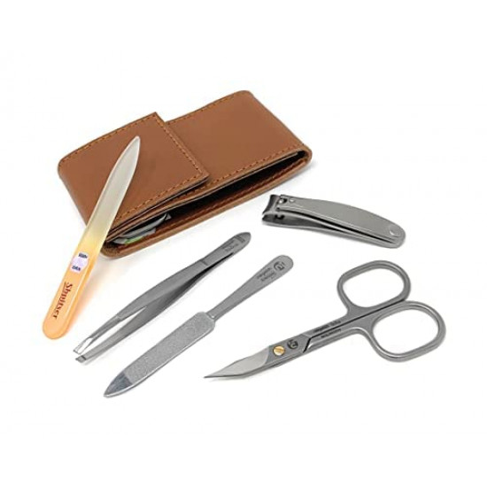 Solingen 4 Pieces TopInox Surgical Stainless Steel German Men Manicure Set Grooming Kit In Durable Brown Cowhide Leather Case Plus BONUS: SHPITSER Crystal Glass Nail File