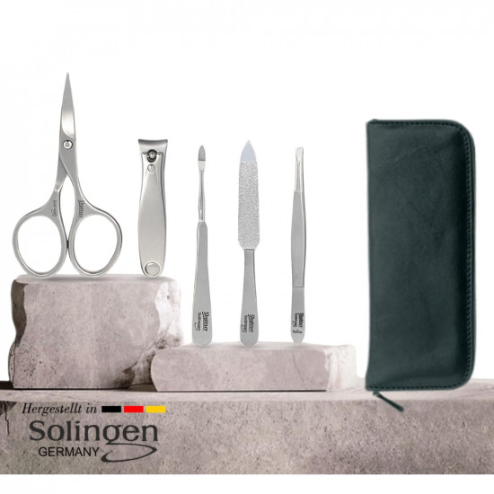 Professional Manicure and Pedicure Set of 5 Surgical Stainless Steel Instruments, Made in Solingen, Germany, Luxury Topinox Grooming Kit In Full Grain Nappa Leather Case