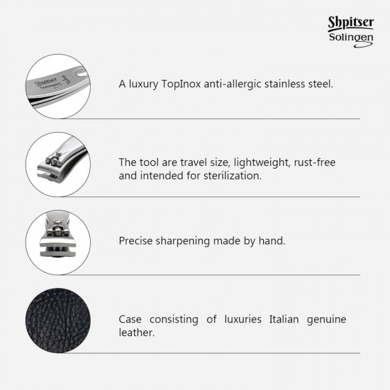 Shpitser Solingen 2 Pieces Luxuries TopInox Surgical Stainless Steel German Manicure Pedicure Clipper Set Grooming kit In Black Full Grain Leather Case Made in Solingen Germany