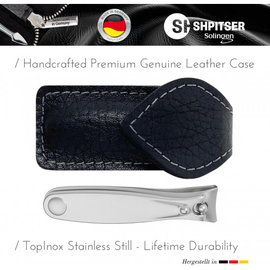 Shpitser Manicure and Pedicure Nail Clipper, German Stainless Steel, Handcrafted in Solingen Germany, Small, 6cm, Genuine Leather Case 