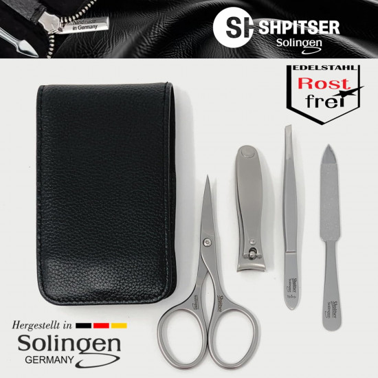 Shpitser Manicure and Pedicure Set of 4 Surgical Stainless Steel Instruments, Made in Solingen, Germany, Luxury Topinox Grooming Kit In Full Grain Nappa Leather Case 