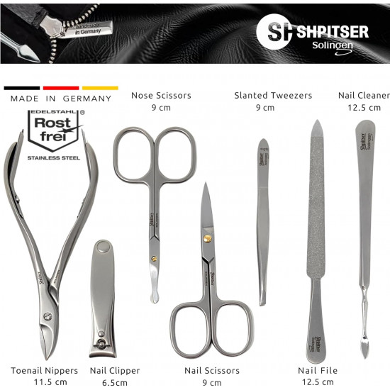 SHPITSER Professional 7pc TopInox Surgical Stainless Steel Tools Manicure Pedicure Set in Genuine Durable Leather Case Handmade in Solingen Germany for Nail and Cuticle and Nose Care
