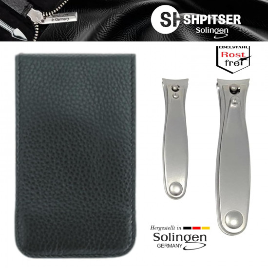 Shpitser Solingen 2 Pieces Luxuries TopInox Surgical Stainless Steel German Manicure Pedicure Clipper Set Grooming kit In Black Full Grain Leather Case Made in Solingen Germany