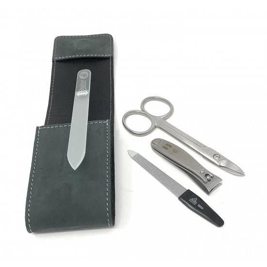 Erbe Solingen 3 pcs Surgical Stainless Steel German Manicure Pedicure Set Grooming Kit In Luxury Genuine Leather Case Made in Solingen Germany With BONUS: SHPITSER Crystal glass Nail File