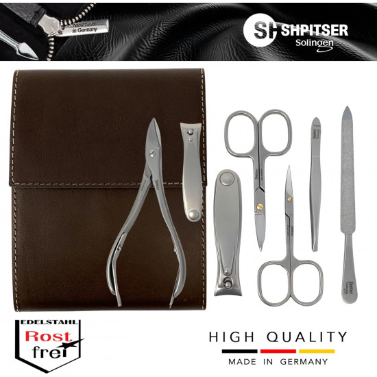 SHPITSER Professional 7pc TopInox Surgical Stainless Steel Tools Manicure Pedicure Set in Genuine Durable Leather Case Handmade in Solingen Germany for Nail and Cuticle Care