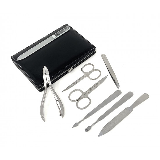Erbe Solingen 7 Pieces Surgical Stainless Steel German Manicure XL Luxury Set Grooming Kit In Durable Black Genuine Leather Case 