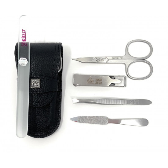 Erbe Solingen 4 pcs Surgical Stainless Steel German Manicure Set In Luxury Genuine Leather Case Made in Solingen Germany (Black)