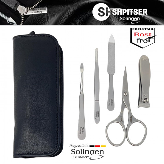 Professional Manicure and Pedicure Set of 5 Surgical Stainless Steel Instruments, Made in Solingen, Germany, Luxury Topinox Grooming Kit In Full Grain Nappa Leather Case