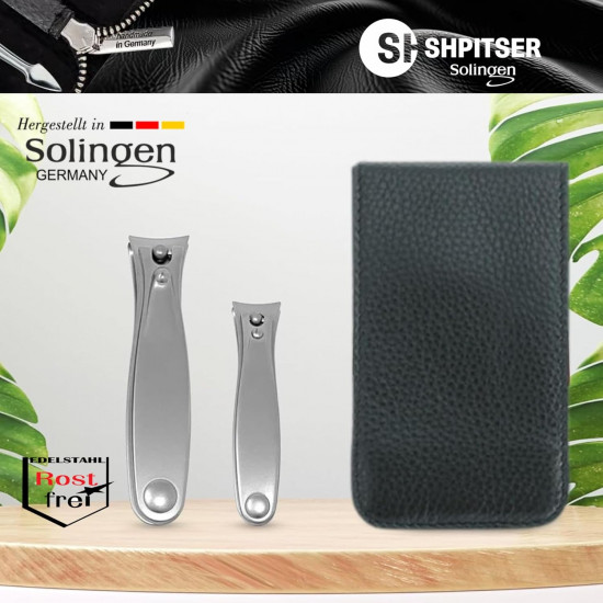 Shpitser Solingen 2 Pieces Luxuries TopInox Surgical Stainless Steel German Manicure Pedicure Clipper Set Grooming kit In Black Full Grain Leather Case Made in Solingen Germany