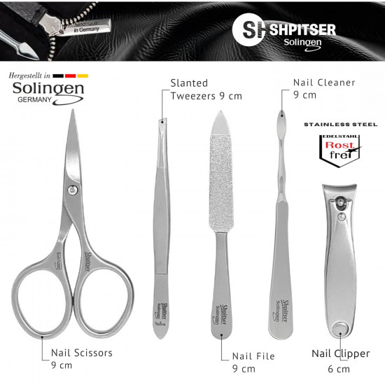 Professional Manicure and Pedicure Set of 5 Surgical Stainless Steel Instruments, Made in Solingen, Germany, Luxury Topinox Grooming Kit In Full Grain Nappa Leather Case