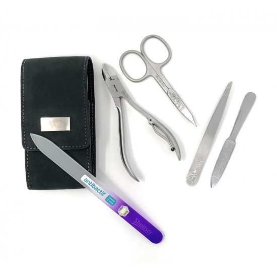 Erbe Solingen 4 pcs Surgical Stainless Steel German Manicure Set Grooming Kit In Luxury Genuine Leather Case Made in Solingen Germany With BONUS: SHPITSER Crystal glass Nail File