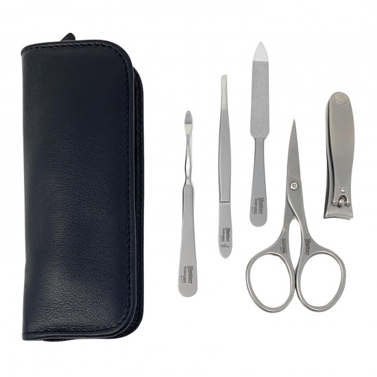 Professional Manicure and Pedicure Set of 5 Surgical Stainless Steel Instruments, Made in Solingen, Germany, Luxury Topinox Grooming Kit In Full Grain Nappa Leather Case