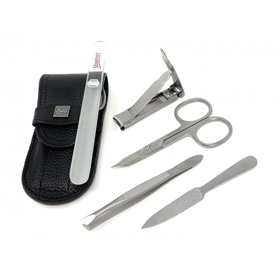 Erbe Solingen 4 pcs Surgical Stainless Steel German Manicure Set In Luxury Genuine Leather Case Made in Solingen Germany (Black)