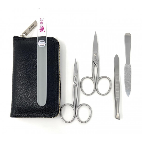 Erbe Solingen 4 pcs Surgical Stainless Steel German Manicure Set Grooming Kit In Luxury Genuine Leather Case Made in Solingen Germany With BONUS: SHPITSER Crystal glass Nail File