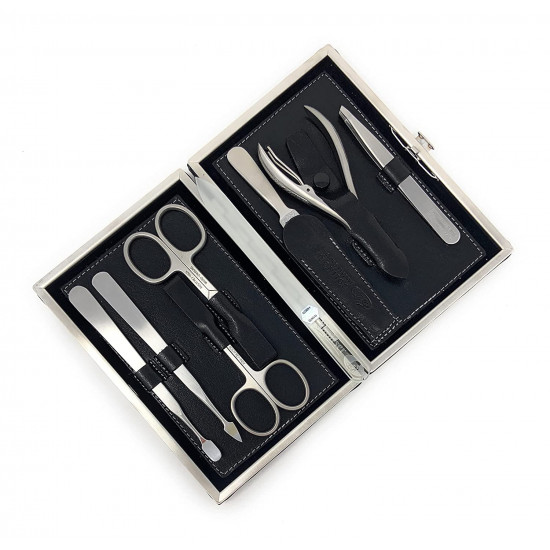 Erbe Solingen 7 Pieces Surgical Stainless Steel German Manicure XL Luxury Set Grooming Kit In Durable Black Genuine Leather Case 
