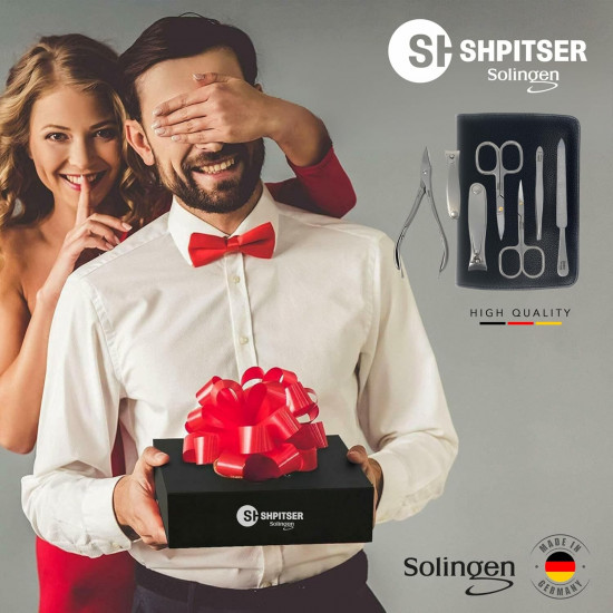 SHPITSER Professional 7pc TopInox Surgical Stainless Steel Tools Manicure Pedicure Set in Genuine Durable Leather Case Handmade in Solingen Germany for Nail and Cuticle Care