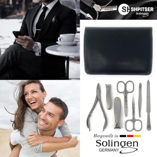 SHPITSER Professional 7pc TopInox Surgical Stainless Steel Tools Manicure Pedicure Set in Genuine Durable Leather Case Handmade in Solingen Germany for Nail and Cuticle Care