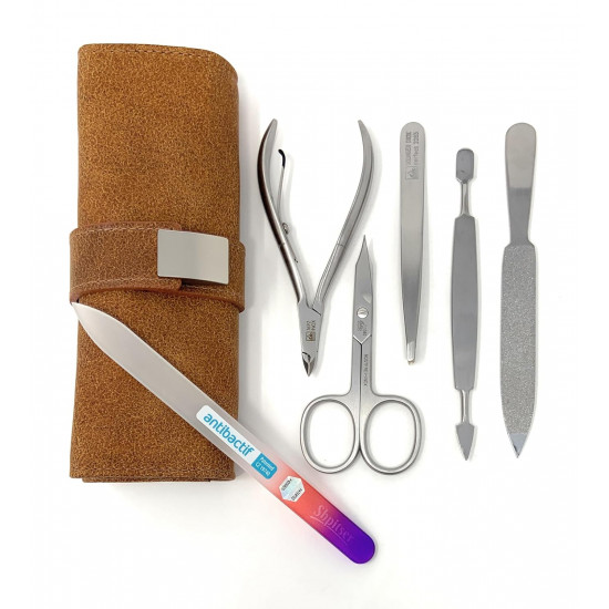 Professional Erbe Solingen Surgical Stainless Steel German Men Women Manicure Luxury Set Grooming Kit In Durable Genuine Leather Case Plus BONUS: SHPITSER Crystal Glass Nail File