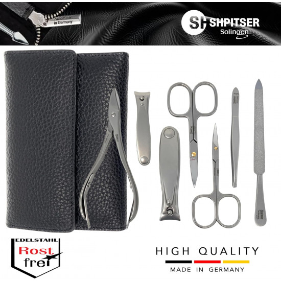 SHPITSER Professional 7pc TopInox Surgical Stainless Steel Tools Manicure Pedicure Set in Genuine Durable Leather Case Handmade in Solingen Germany for Nail and Cuticle Care