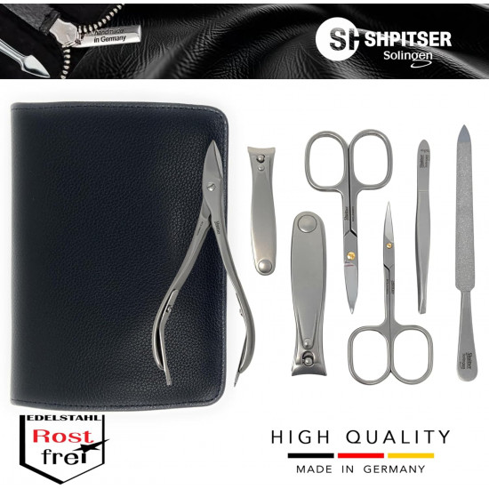 SHPITSER Professional 7pc TopInox Surgical Stainless Steel Tools Manicure Pedicure Set in Genuine Durable Leather Case Handmade in Solingen Germany for Nail and Cuticle Care