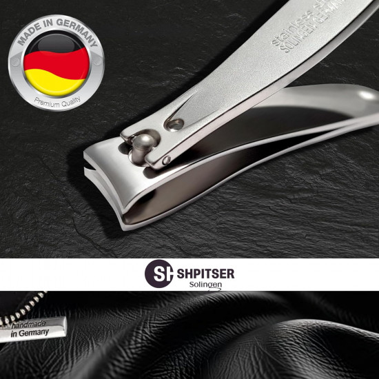 Shpitser Manicure and Pedicure Nail Clipper, German Stainless Steel, Handcrafted in Solingen Germany, Small, 6cm, Genuine Leather Case 