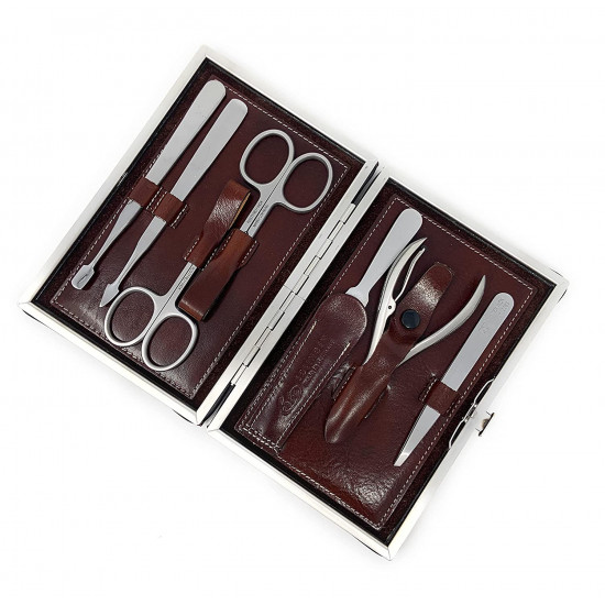 Erbe Solingen 7 Pieces Surgical Stainless Steel German Manicure XL Luxury Set Grooming Kit In Durable Brown Genuine Leather Case 