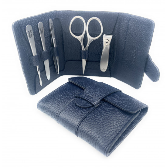 Shpitser Solingen 5 Pieces TopInox Surgical Stainless Steel German Men/Women Manicure Set Grooming kit In Luxury Leather Case Made in Solingen Germany (Blue)