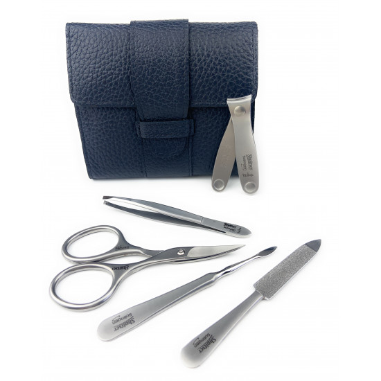 Shpitser Solingen 5 Pieces TopInox Surgical Stainless Steel German Men/Women Manicure Set Grooming kit In Luxury Leather Case Made in Solingen Germany (Blue)