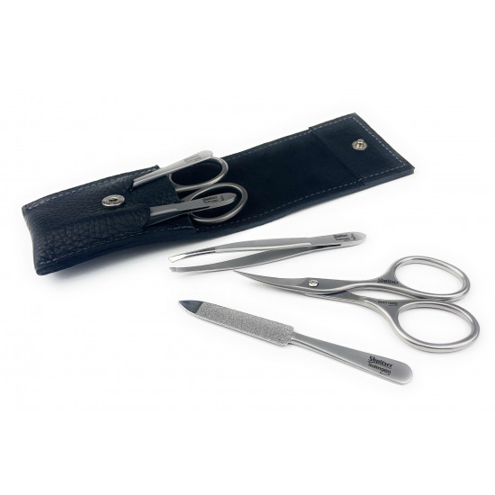 Shpitser Solingen 3 pcs Luxuries TopInox Surgical Stainless Steel German Manicure Set Grooming kit In Full Grain Leather Case Made in Solingen Germany (Black)