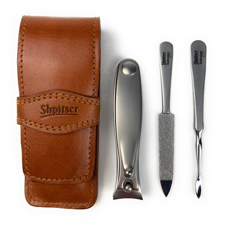 Shpitser Solingen Luxuries TopInox Surgical Stainless Steel German Hand Sharpened Manicure Pedicure Travel Set Grooming kit In Italian Leather Case Made in Solingen Germany (Brown)