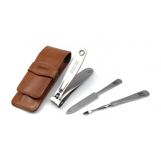 Shpitser Solingen Luxuries TopInox Surgical Stainless Steel German Hand Sharpened Manicure Pedicure Travel Set Grooming kit In Italian Leather Case Made in Solingen Germany (Brown)