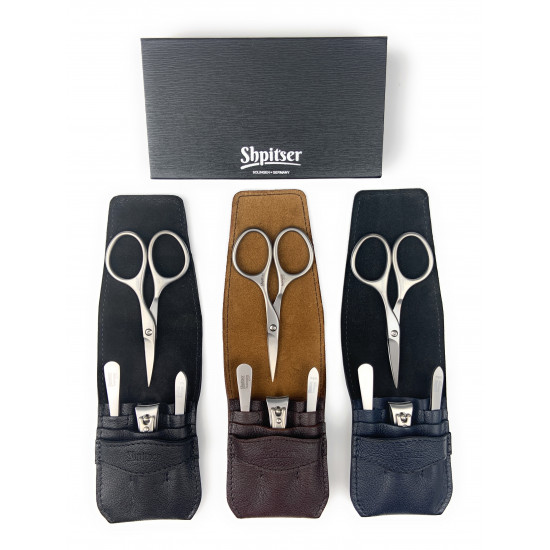 Shpitser Solingen 4 pcs Luxuries TopInox Surgical Stainless Steel German Manicure Set Grooming kit In Full Grain Nappa Leather Case Made in Solingen Germany (Blue)