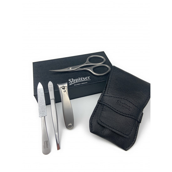 Shpitser Solingen 4 pcs Luxuries TopInox Surgical Stainless Steel German Manicure Set Grooming kit In Full Grain Nappa Leather Case Made in Solingen Germany (Black)