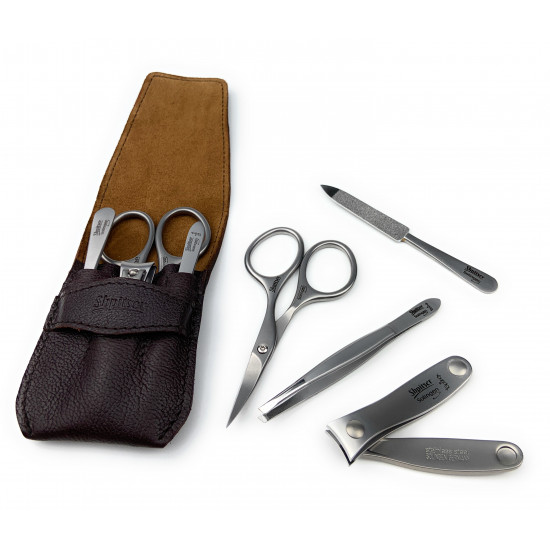 Shpitser Solingen 4 pcs Luxuries TopInox Surgical Stainless Steel German Manicure Set Grooming kit In Full Grain Nappa Leather Case Made in Solingen Germany (Brown)