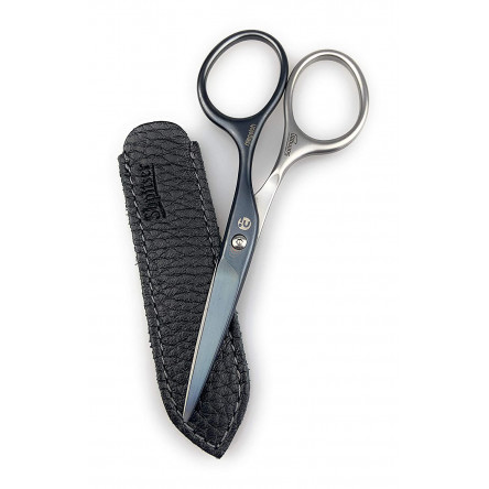 Niegeloh Mustache & Beard Scissors - Self-Sharpening Stainless Steel Titanium Coated Professional Grooming Tool | Handcrafted in Solingen Germany | Packed with Leather Case (Titanium Black Coated)