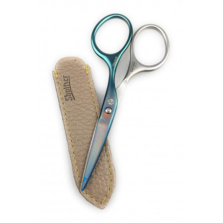 Niegeloh Mustache & Beard Scissors - Self-Sharpening Stainless Steel Titanium Coated Professional Grooming Tool | Handcrafted in Solingen Germany | Packed with Leather Case (Titanium Blue Coated)