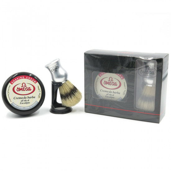 Omega Professional Gift Set: shaving cream + shaving pure bristle brush with holder, Imported from Italy
